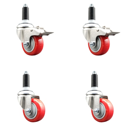 Service Caster 3.5 Inch 316SS Red Polyurethane Swivel 1 Inch Stem Caster Lock Brake, 2PK SS316TTLEX20S3514-PPUB-RED-2-S-2-1
